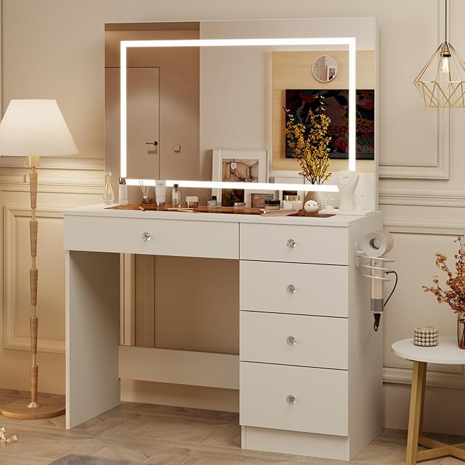 39" Vanity Desk with Mirror and Lights, 5 Drawers Makeup Vanity Desk with Tempered Glass top, 3 Lighting Modes Adjustable Brightness, White Vanity with Magnetic 5X Magnifier for Bedroom