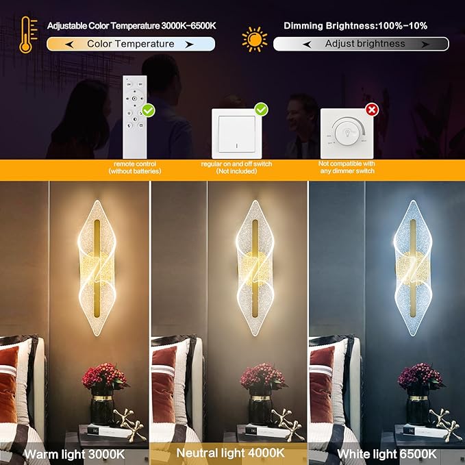 Hardwired Wall Sconce 22.4Inch, Modern Gold LED Wall Lamp with Remote Control Dimmable Acrylic Wall Lighting for Living Room Hallway Bedroom Stairs