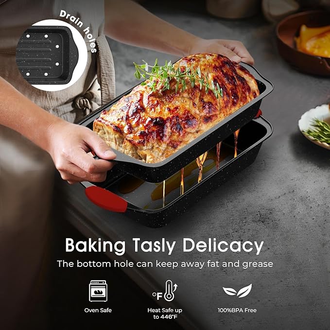 11-Piece Nonstick Stackable Baking Pans Set, Toxin-Free Bakeware Sets, Baking Pan Set with Silicone Handles, Includes Cookie Sheets, Loaf Pan, Pizza Pan, Muffin Pan, Red&Black