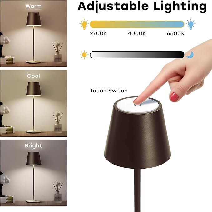 2 Pack Cordless Table Lamp,Portable LED Desk Lamp, 5200mAh Battery Operated, 3 Color Stepless Dimming Up, for Restaurant, Bedroom, Bars, Outdoor Party, Camping, Coffee Shop Night Light Coffee