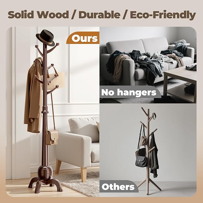 Wood Coat Rack Freestanding, Solid Wooden Hall Tree with 8 Hooks, Coat Tree Freestanding Heavy Duty with Stable Base, Entryway Hallway Bedroom Office Use, 240lbs Load Capacity H:71.6in (Black)