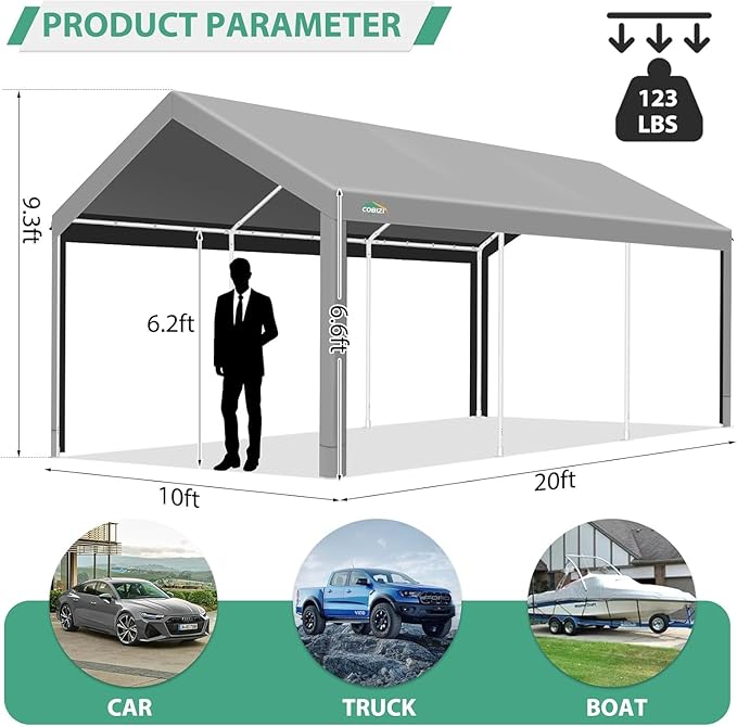 COBIZI Carport 10x20ft Heavy Duty Portable Garage, 2.0 Powder Coated Frame(Better Than Galvanized), Waterproof Shelter with Built-in Sandbags, for Car/Boat/SUV, Gray
