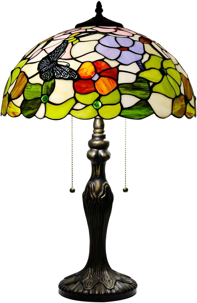 Tiffany Table Lamp Stained Glass Lamp 16X16X24 Inch Antique Reading Light (Butterfly Flowers)