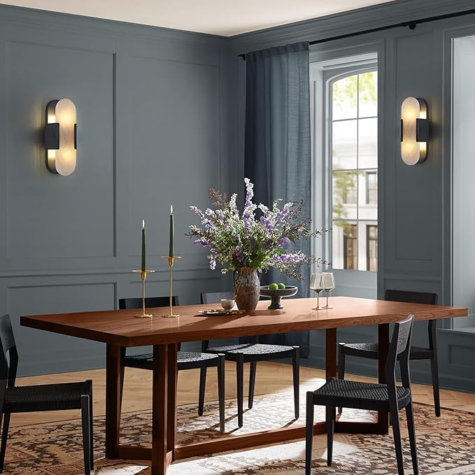 13.8 in Matte Black Alabaster Wall Sconces, Natural Marble Wall Sconces Indoor Alabaster Sconces for Living Room Modern Alabaster Sconces Wall Lighting for Dining Room Stairs Bedroom Bath