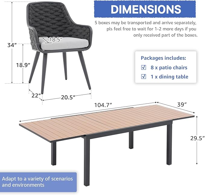 SUNSITT 9-Piece Outdoor Patio Dining Set, 63" - 105" Aluminum Expandable Outdoor Dining Table Set for 8, 8 Woven Rope Chairs with Gray Removable Cushions