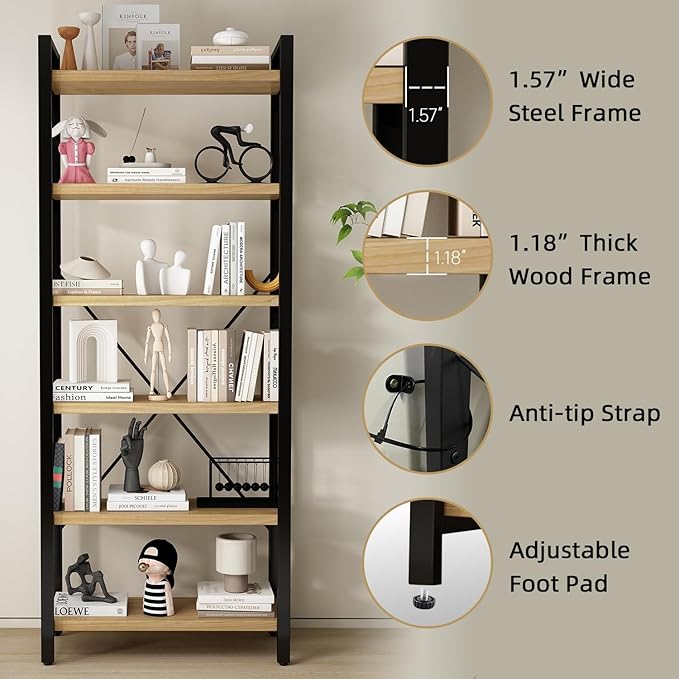 Real Solid Wood Rustic Vintage Industrial Etagere Bookshelf, Metal & Timber Free Vintage Bookcase, Retro Brown (Genuine Timber) (6-Tiers-RawWood)