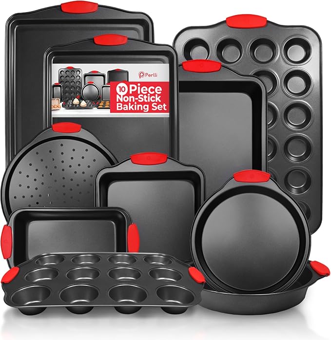 PERLLI Non-Stick 10-Piece Baking Pan Set, BPA-Free Carbon Steel Bakeware Set with Silicone Handles, Stackable Kitchen Oven Set, Cookie Sheet, Baking Tray, Baking Sheet Set, Oven Safe (446°F)