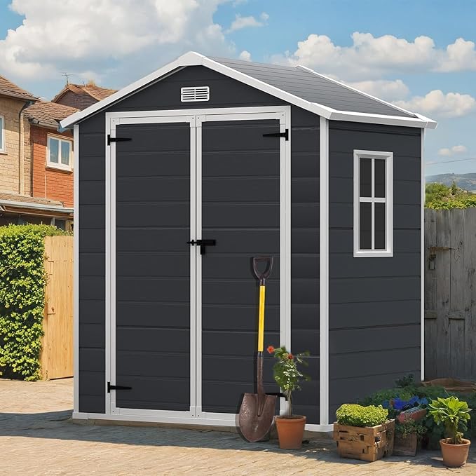6x4.4FT Outdoor Storage Shed, Resin Shed with Reinforced Floor & Secure Door Lock, All-Weather Outdoor Shed for Gardening Tools, Bicycles, Patio Furniture, Lawn Mower (Dark Gray)