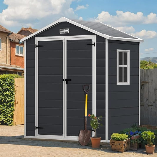 6x4.4FT Outdoor Storage Shed, Resin Shed with Reinforced Floor & Secure Door Lock, All-Weather Outdoor Shed for Gardening Tools, Bicycles, Patio Furniture, Lawn Mower (Dark Gray)