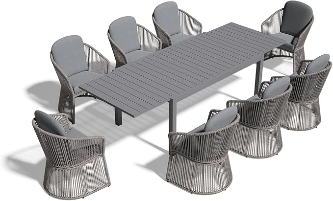 SUNSITT 9-Piece Outdoor Patio Dining Set, 63" - 105" Aluminum Expandable Outdoor Dining Table Set for 8, 8 Curved Armrest Chairs with Dark-Gray Removable Cushions