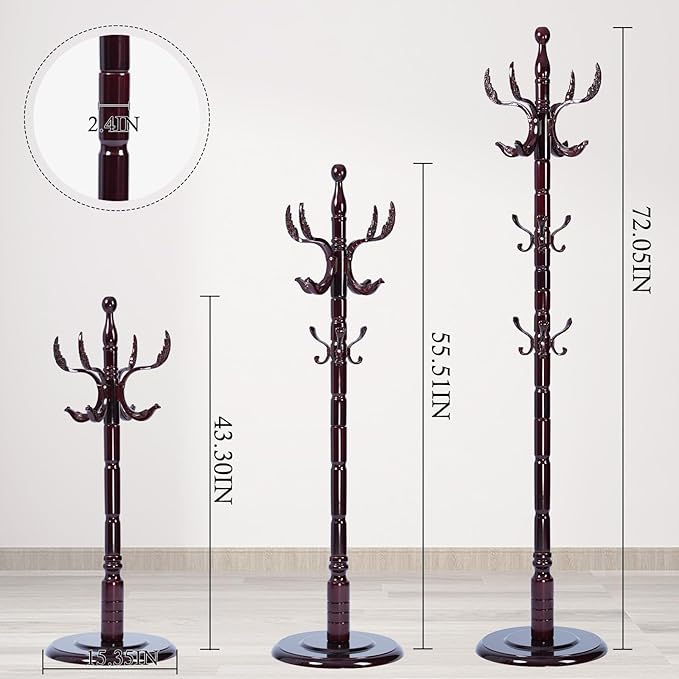 Coat Rack Stand, Solid Wooden Coat Tree with 14 Hooks, Heavy Duty Coat Rack Freestanding with Sturdy Round Base, Natural Birch Wood Coat Hanger Stand for Entryway Bedroom (Swing)