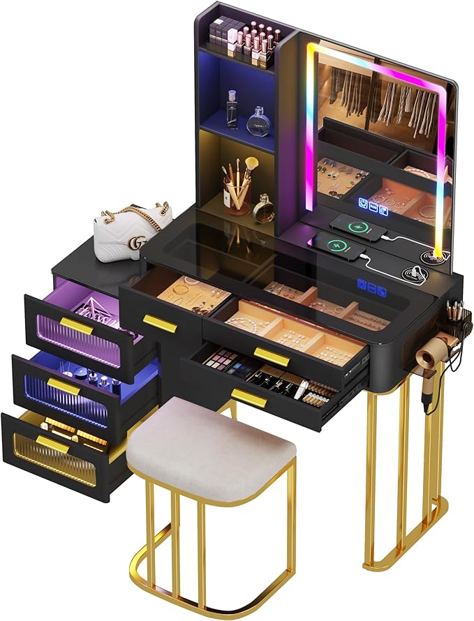 HNEBC Vanitys with HD Glass Display Table, Makeup Desk with Lighted Mirror and Charging Station, Dressing Table with RGB Lights,Jewelry Organizer,Cabinet,6Drawers,Chair for Women/Girls (Black)