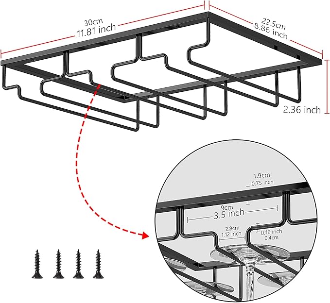 Wine Cup Holder Table Decoration Storage Hanger Metal Organizer for Bar Kitchen Stemware Rack Under Cabinet Stainless Steel Hanger Storage Shelf Black (Black, 3 Rows 2 Packs)