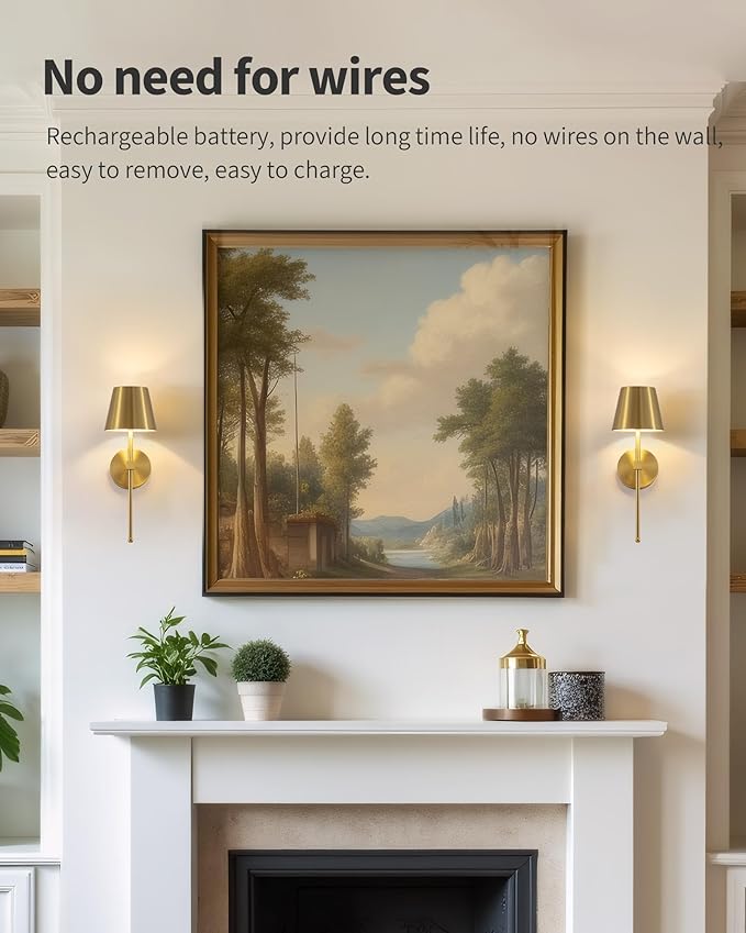 KDG Cordless Wall Sconces Set of 2, Wireless 5200mAh Rechargeable Battery LED Wall Lamps, Wall Lightings for Wall Painting, Outdoor, Garden, Living Room, Bedside, Hallway, Gifts, Night Light (Gold)