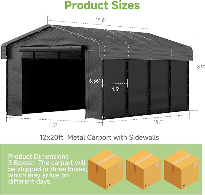 Real Relax 12'x20' Heavy Duty Metal Carport, Outdoor Garage Car Shelter Shade with Galvanized Roof & Removable Sidewalls, Heavier Metal Frame for Car and Boats, Truck Grey