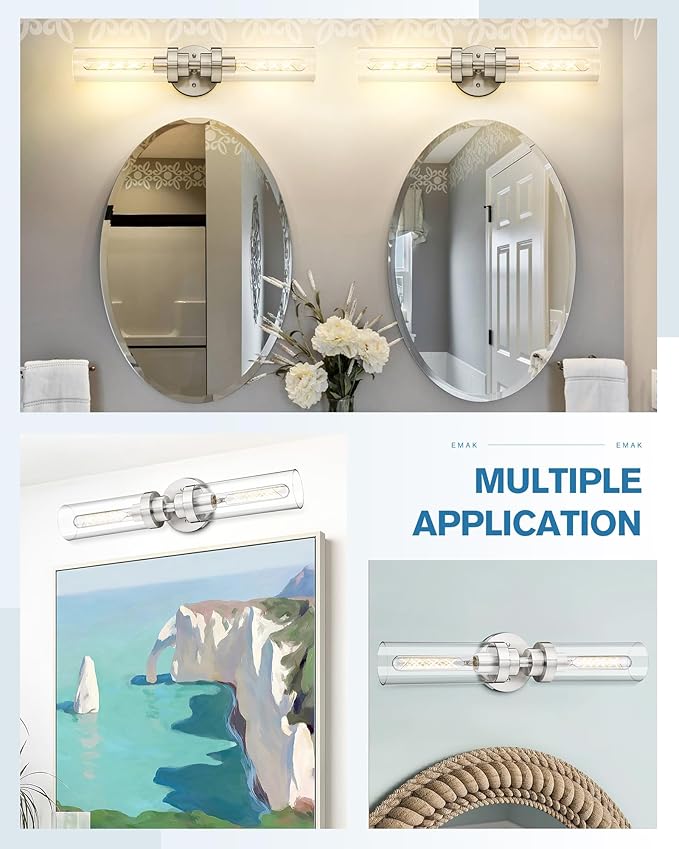 Emak Brushed Nickel Vanity Lights for Bathroom, Modern 22 Inch Bathroom Light Fixtures, 2-Light Cylinder Wall Sconces with Clear Glass Shade for Bathroom, Bedroom, Hallway, VL085-BN-2