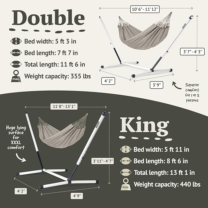 LA SIESTA® - XL King Brisa Classic Hammock & Nautico Steel Stand - Weather & Tear Resistant - Portable, Family Hammock w/Stand - Balcony Porch Garden Outdoor Indoor Hammock - Max 440 Lbs, Almond