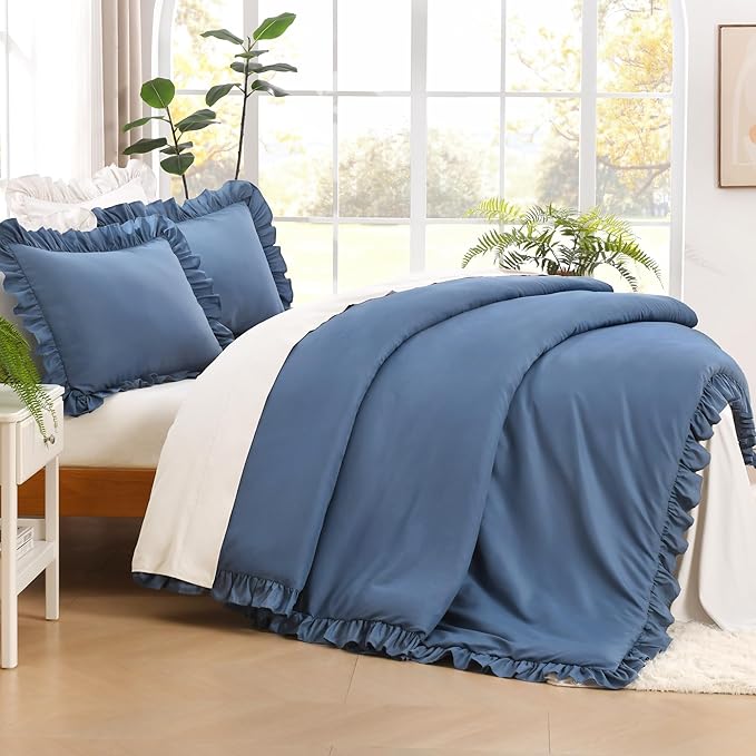 Litanika Ocean Blue King Size Comforter Set, 3 Pieces Ruffle Farmhouse Aesthetic Bedding Comforter Set, All Season Soft Lightweight Fluffy Microfiber Bed Set(104x90In Comforter, 2 Pillowcases)