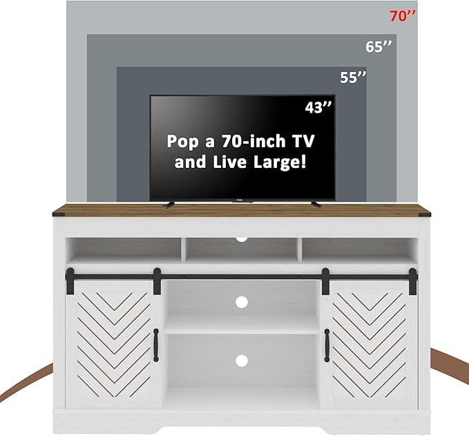 Farmhouse TV Stand for 65+ Inch TV, Tall Entertainment Center with Sliding Barn Doors, Rustic Wood Storage Cabinet Television Media Console for Living Room, Bedroom (Wood-Tone and White)