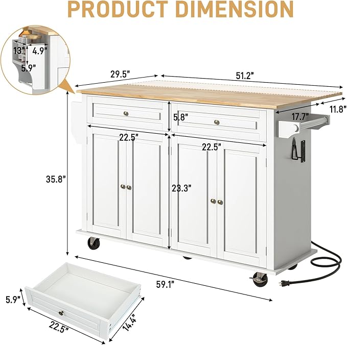 59.1" Movable Kitchen Island with Drop Leaf and Power Outlet, Rolling Island Cart w/Storage Cabinet, Island Table on Wheels for Kitchen w/2 Drawers, Spice Rack, Towel Bar, Garage Hook, White
