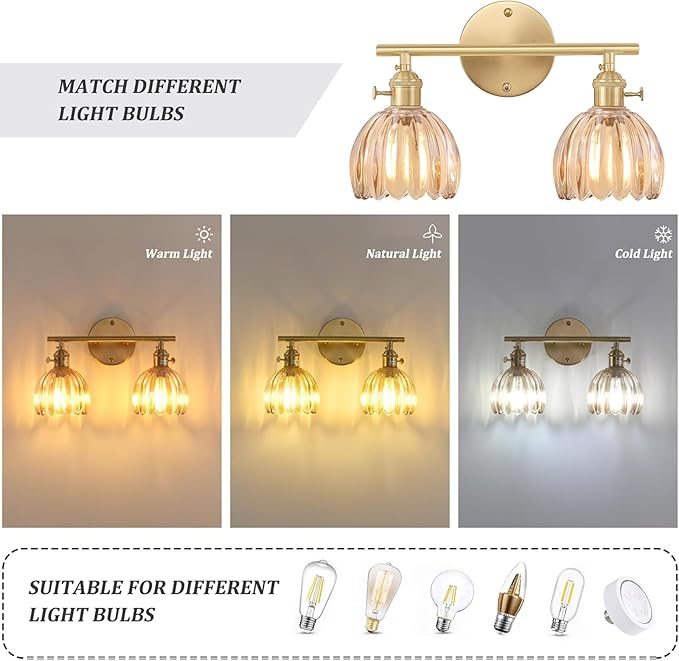 Bathroom Light Fixtures, 2-Light Brass Vanity Wall Light Over Mirror with Amber Tulip Glass Shade for Bedroom Living Room