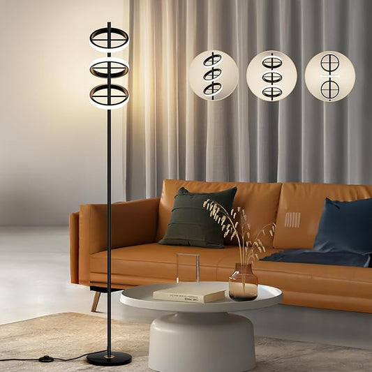 Modern LED Floor Lamp - Adjustable 3 Saturn Rings-Contemporary Tall Standing Lamp for Living Room & Office Bedroom Reading-Black