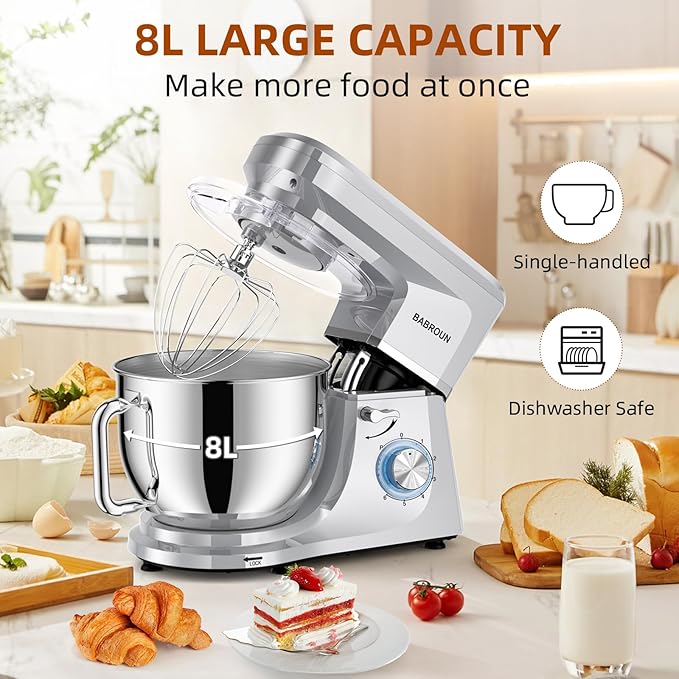 8.45 QT Stand Mixer - 660W 6 Speed Large Capacity Kitchen Electric Mixer with Whisk Dough Hook Mixing Beater Household Food Mixer for Baking Cakes Cookie Bread Salad (Silver)