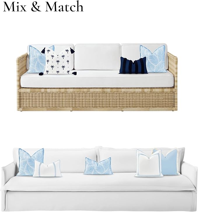 Hofdeco Premium Coastal Hampton Style Patio Indoor Outdoor Pillow Cover Only, 20"x20" Water Resistant for Backyard, Couch, Baby Blue Palm Leaf