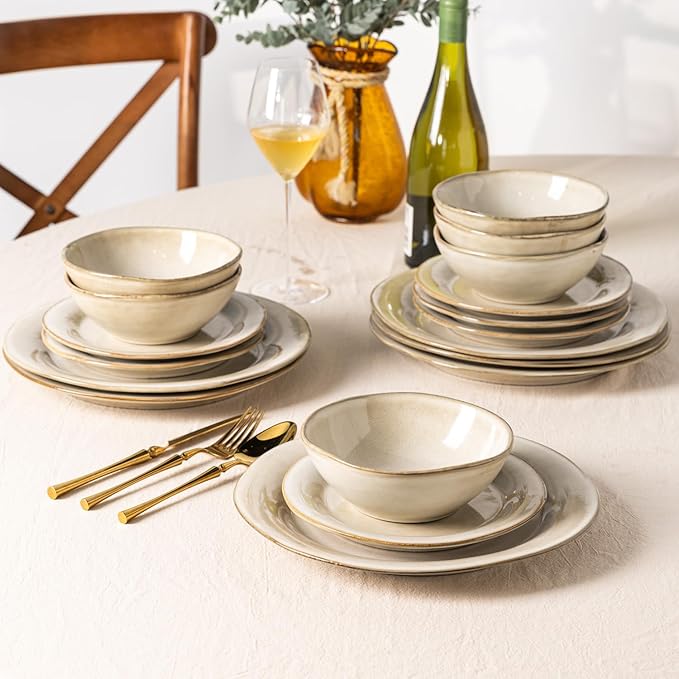 AmorArc Ceramic Dinnerware Sets, Handmade Stoneware Reactive Glaze Plates and Bowls Set, Scratch Resistant | Dishwasher & Microwave Safe Dishes Set, Service for 4 (12pc)