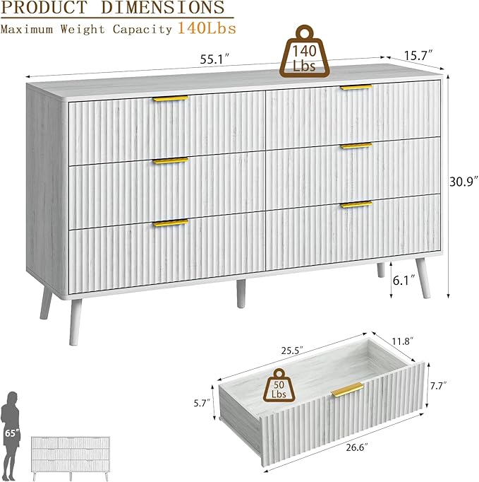 CARPETNAL Fluted 6 Double Drawers White Dresser for Bedroom, 55”Wide Modern Chest of Drawers with Deep Drawers,Wood Drawer Organizer for Bedroom Living Room, Hallway, White