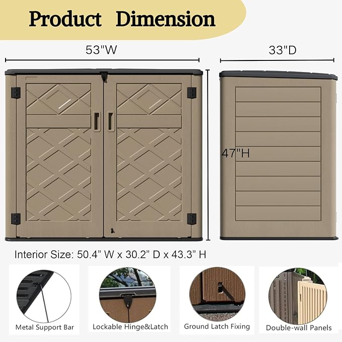 ZZM Large Outdoor Storage Shed, 48 Cu Ft Resin Versatile Storage Cabinet for Patio Accessories, Trash Cans & Garden Tools, Durable Horizontal Storage Box with Lockable Lid (Coffee)