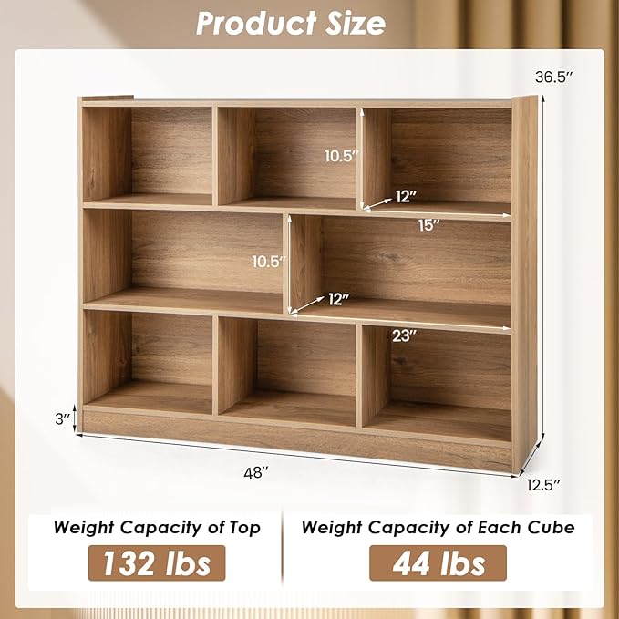 Toy Storage Organizer, 3-Tier Kids Bookshelf, 8 Cube Kids' Bookcases, Cabinets & Shelves, Wooden Toy Organizers, Small Book Shelf for Bedroom, Playroom, Classroom, Nursery (Natural)