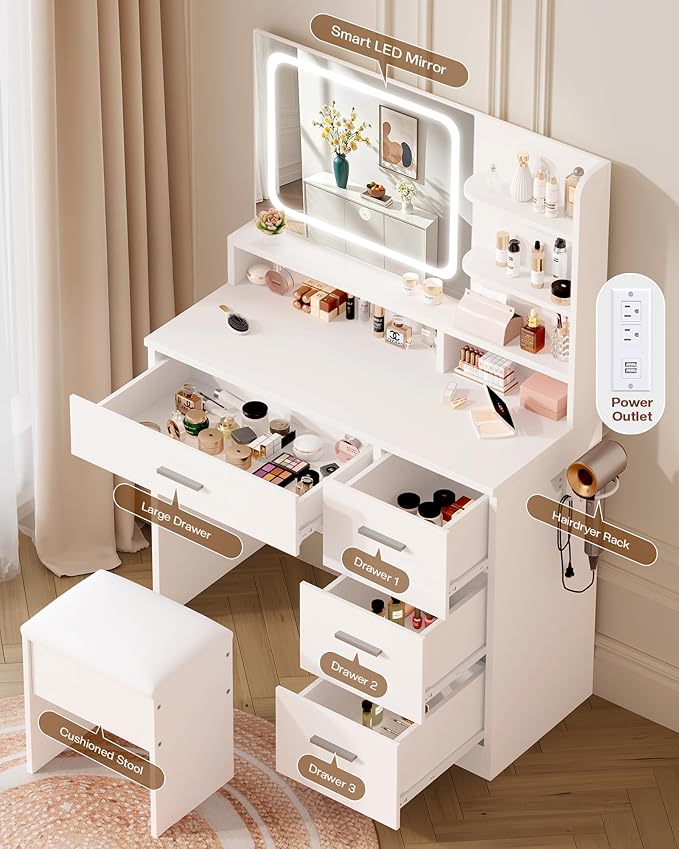 Makeup Vanity Desk Set, 35.4“Wx15.7”Dx53.9“H, White (Smart LED Mirror, with Cushion Stool, Hairdryer Rack, Power-Outlet, 4 Drawers, Open Shelves)