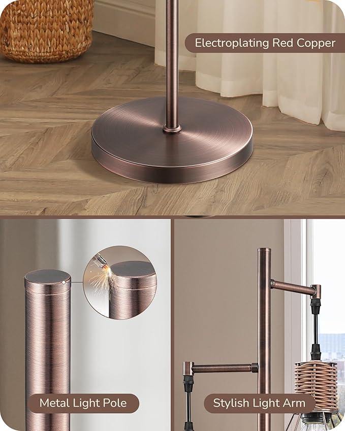 EDISHINE Farmhouse Floor Lamp Dimmable, Industrial Standing Lamp for Living Room, Diamond-Shaped Cage, Corner Rustic Rattan Tall Tree Reading Lamp Home Decor, Electroplated Brushed Red Copper