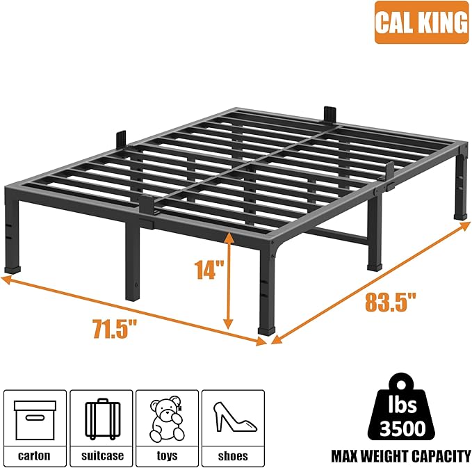 FUIOBYVV California King Bed Frame 14 Inch Tall 3500 lbs Heavy Duty Metal Platform Bed Frame California King Size No Box Spring Needed/Noise Free/Non-Slip/Easy Assembly