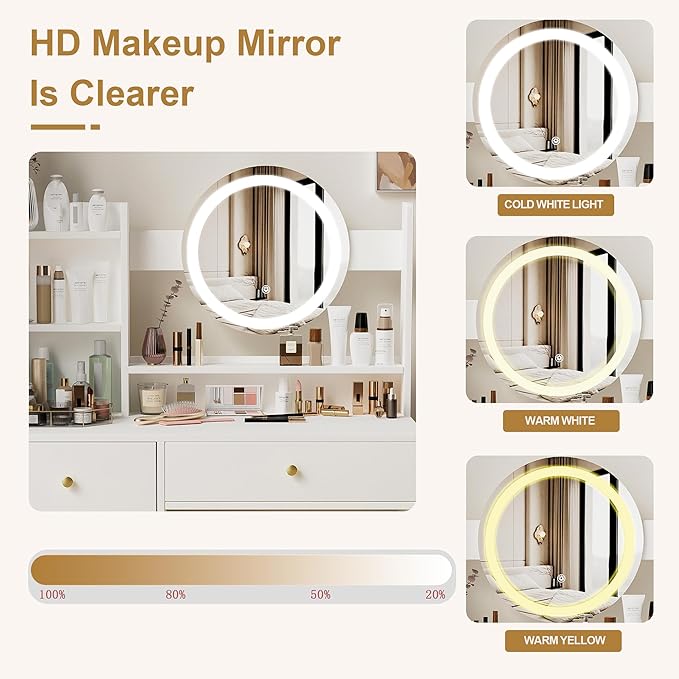 Vanity Table Set with Mirror and Adjustable Lights, Cushioned Chair, Make Up Desk for Bedroom, Elegant Dressing Table with 3 Color Lighting, 2 Drawers for Girls & Makeup Enthusiasts