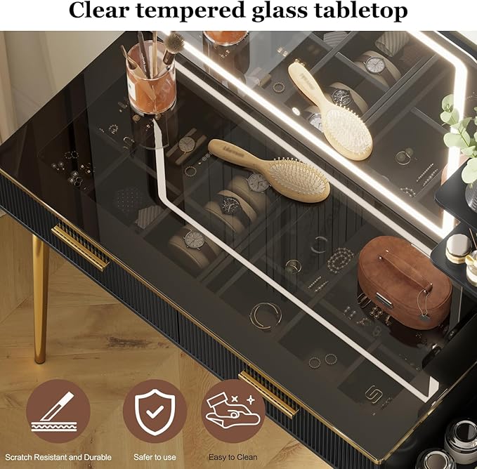 47.24" Big Modern Vanity Desk with Mirror and Lights, Vanity Desk with 29.53" HD Lighted Mirror, Makeup Vanity with 5 Drawers and Storage Shelves and Charging Station, Black2