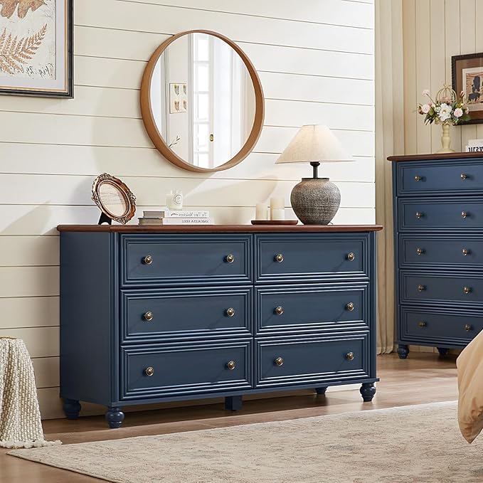 Farmhouse Dressers & Night Stand Set of 3, Wood 54" Wide Dresser & 45"Tall Chest of Drawers, 18" with Charging Station Nightstand, Bedroom Furniture 6 Drawer Dresser Set for Home Living Room Hallway