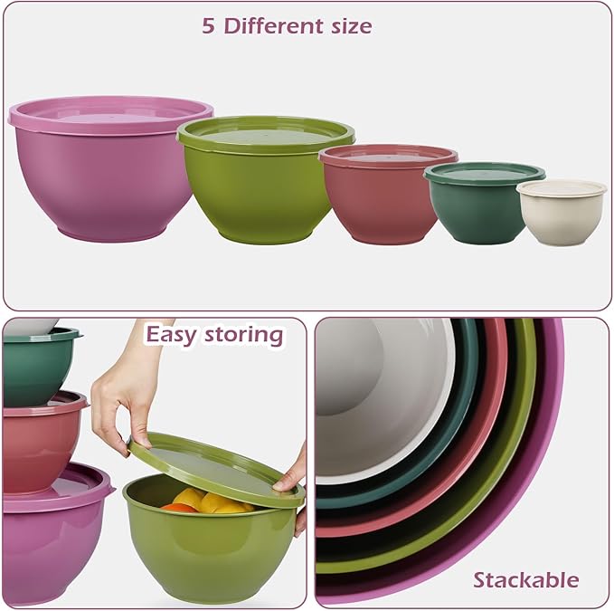 Plastic Mixing Bowls with Lids Set for Kitchen, Nesting Bowls for Mixing, Baking, Prepping, Cooking and Serving Food (5 Set-Purple)