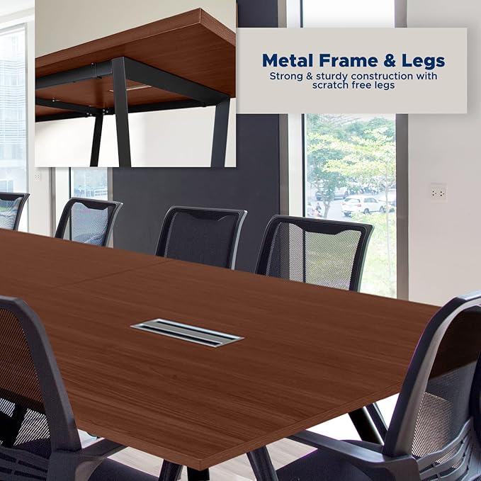 Sturdy Conference Table with Cable Management Grommets Modern Rectangle Office Meeting Table with Wood Tabletop and Metal Frame & Legs- Easy Assembly Boardroom Table (Mahogany, 8 Foot)