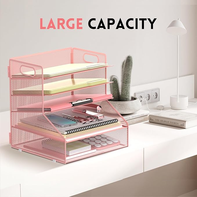 SUPEASY 5-Tier Desk File Organizer, Metal Letter Paper Tray, Desk Organizers and Accessories for Home Office Supplies, Pink