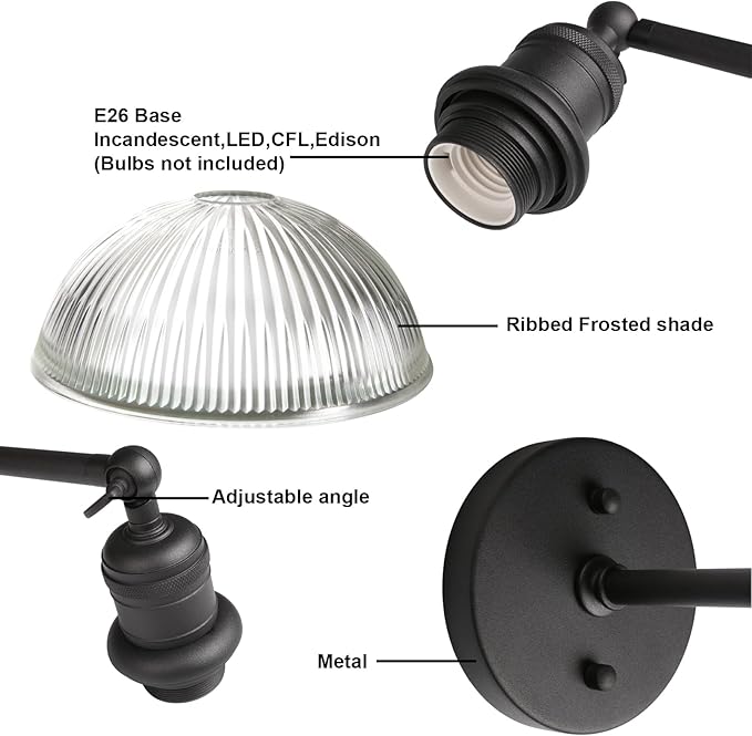 Yosoan Indoor Wall Sconce with Striped Shade, 1-Light Modern Vanity Light Vintage Industrial Single Lamp Hardwired Clear Striped Bowl Glass Shade for Living Room Kitchen Bedroom Home Decor(Black)