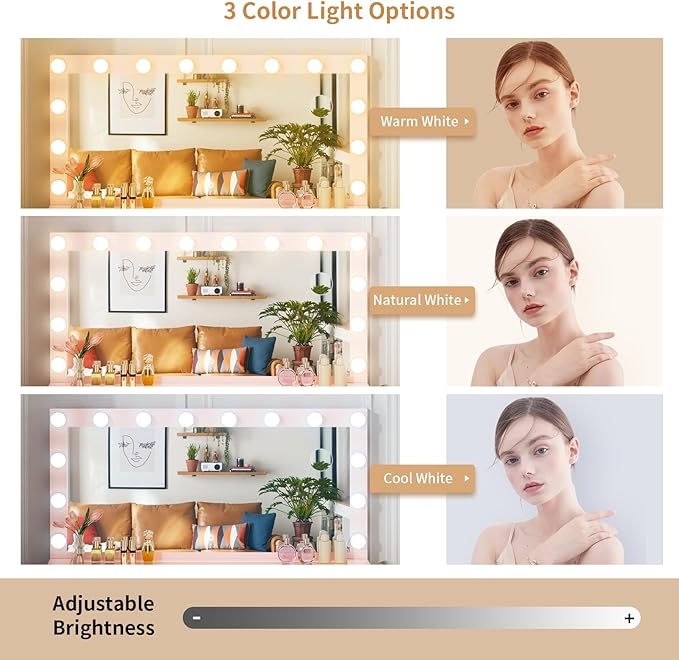 VOWNER Vanity with Lighted Mirror - Makeup Vanity Desk with Glass Top and 11 Drawers, 3 Color Lighting Modes Adjustable Brightness, 46" Vanity Table with Soft Cushioned Stool for Bedroom, Pink