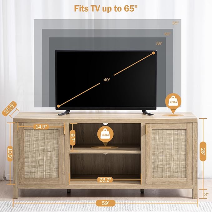 SICOTAS Rattan TV Stand for Living Room - 26" Tall TV Console Cabinet with Storage and Adjustable Shelf, Boho Entertainment Center, 59" Media Console for 50, 55, 65 Inch TV, Light Oak