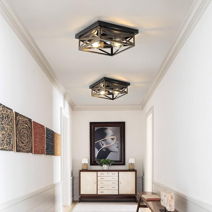 2Pack Rustic Flush Mount Ceiling Light Fixture, Modern Farmhouse Light Fixture, Kitchen Hallway Light Fixtures for Bedroom,Dining Room Entryway,Industrial Metal Cage Ceiling Light