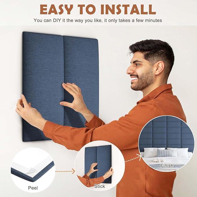 IFNOW Upholstered Peel and Stick Wall Panels, Soundproof 3D Headboard for Queen Size, Reusable Tufted Bed Headboard in Blue (9 Panels, 10" x 24")