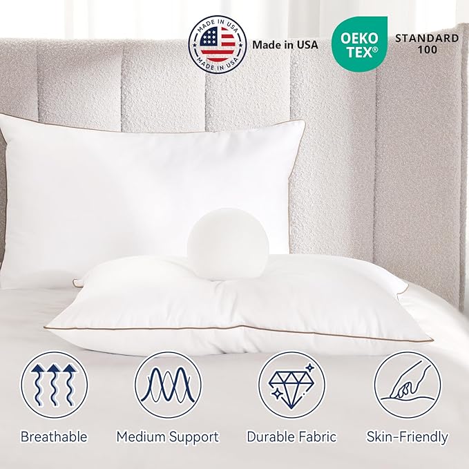 Peace nest Bed Pillows Standard Size 20x26 Inches Set of 2 Made in USA Goose Feathers and Down with Cotton Cover Hotel Collection Luxury Soft Sleeping White Pillow