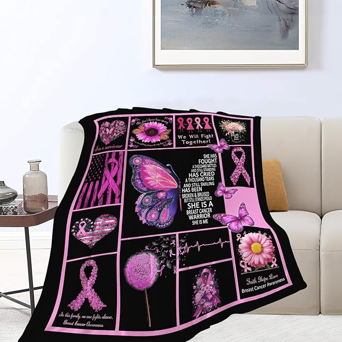Breast Cancer Awareness Blanket Pink Ribbon Flannel Plush Throw Blanket Cozy Inspirational Warrior Decor Fleece Stuff Blanket Gifts for Lover Girls Boys Kids Adults Women Bed Travel 50"x60"
