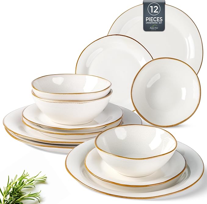AmorArc Ceramic Dinnerware Sets, Handmade Stoneware Reactive Glaze Plates and Bowls Set, Scratch Resistant | Dishwasher & Microwave Safe Dishes Set, Service for 4 (12pc)