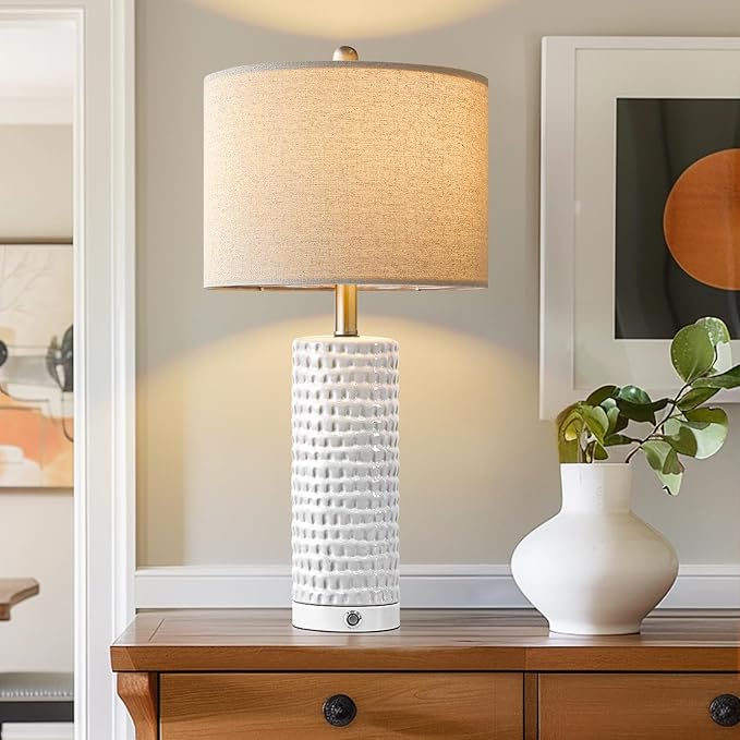 PORTRES 24" Farmhouse 3-Way Dimmable Touch Ceramic Table Lamp Set of 2 for Bedroom White Bedside Lamps with USB A+C Charging Ports for Living Room Nightstand Lamp End Table Lamps